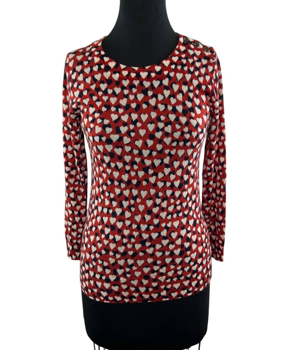 J.CREW Tippi Merino Wool Red White Black Hearts Print Shoulder Sweater Small S